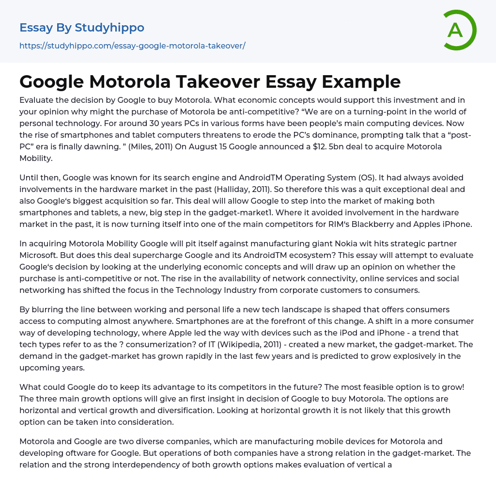 Google Motorola Takeover Essay Example