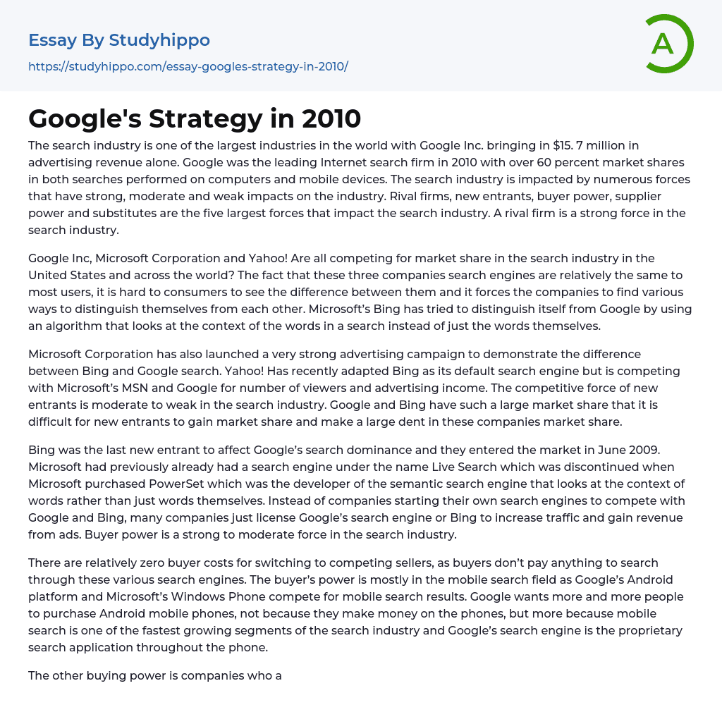 Google’s Strategy in 2010 Essay Example