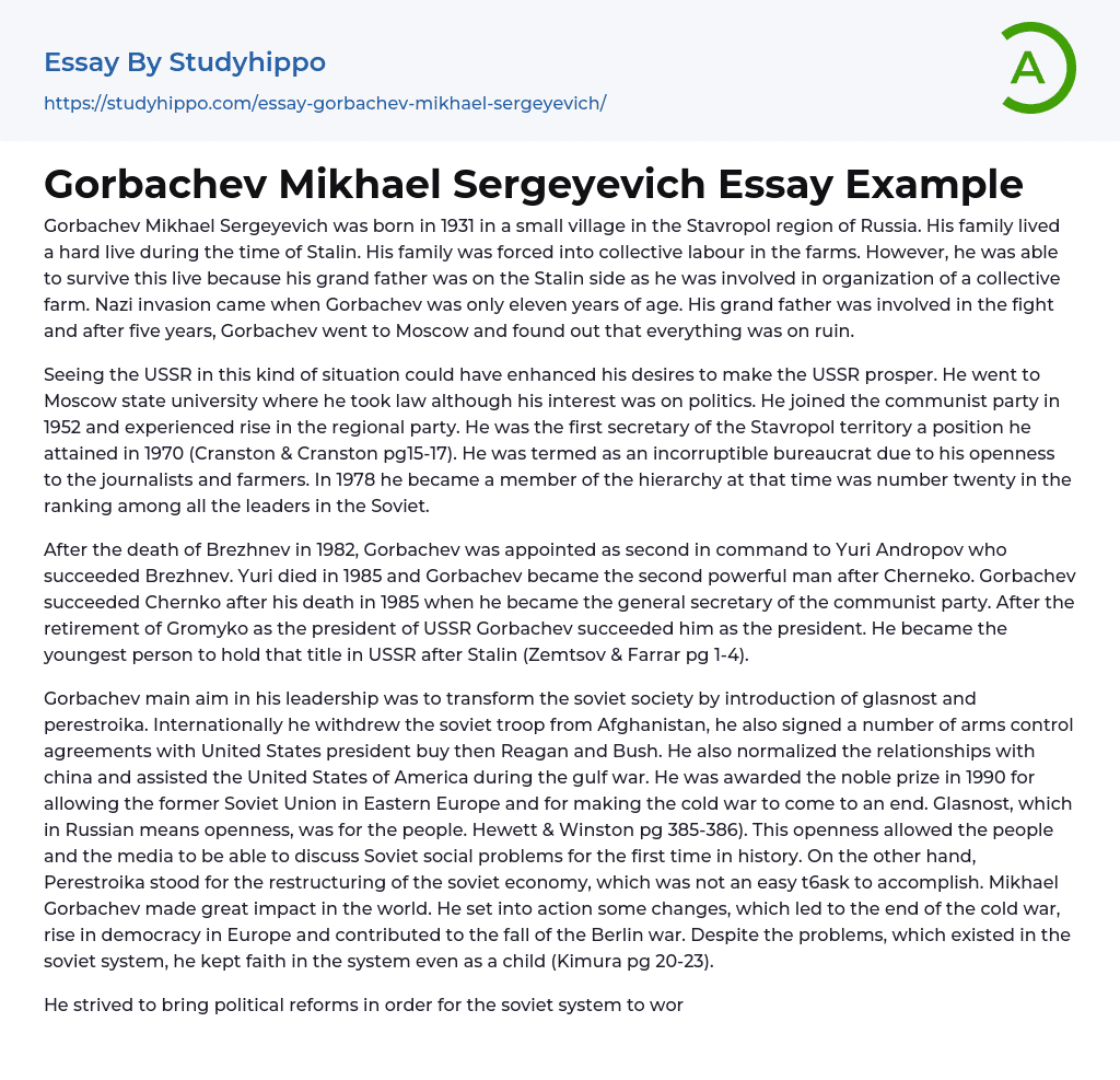 Gorbachev Mikhael Sergeyevich Essay Example