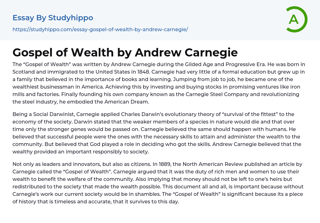 Gospel of Wealth by Andrew Carnegie Essay Example