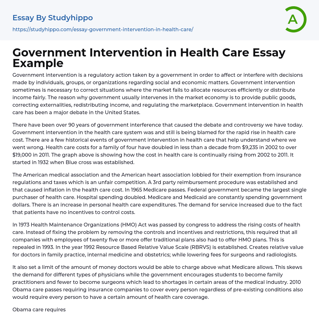 Government Intervention in Health Care Essay Example
