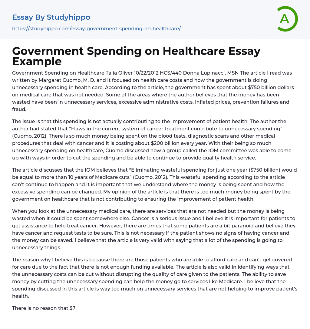Government Spending on Healthcare Essay Example