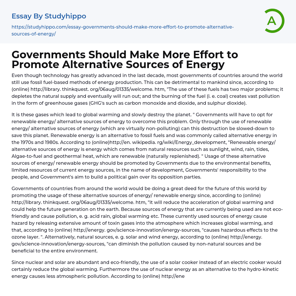 Governments Should Make More Effort to Promote Alternative Sources of Energy Essay Example