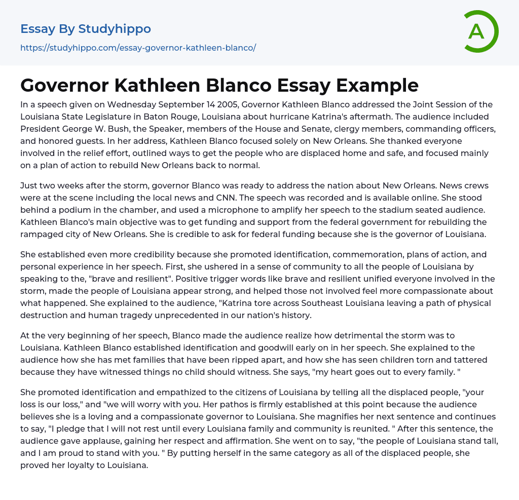 Governor Kathleen Blanco Essay Example