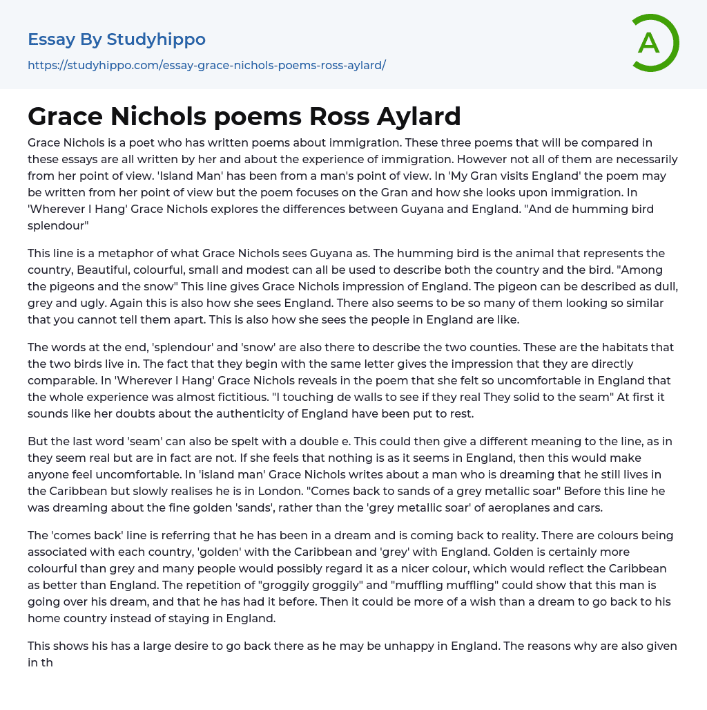 Grace Nichols poems Ross Aylard Essay Example