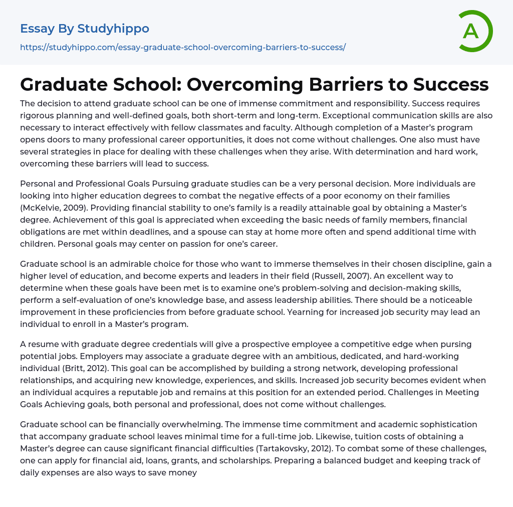 Graduate School: Overcoming Barriers to Success Essay Example