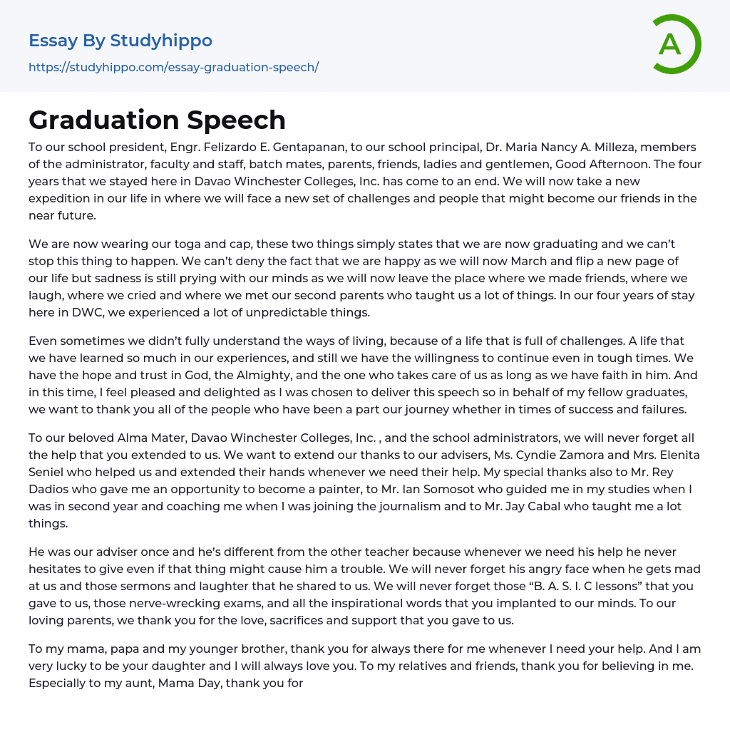 Graduation Speech Essay Example