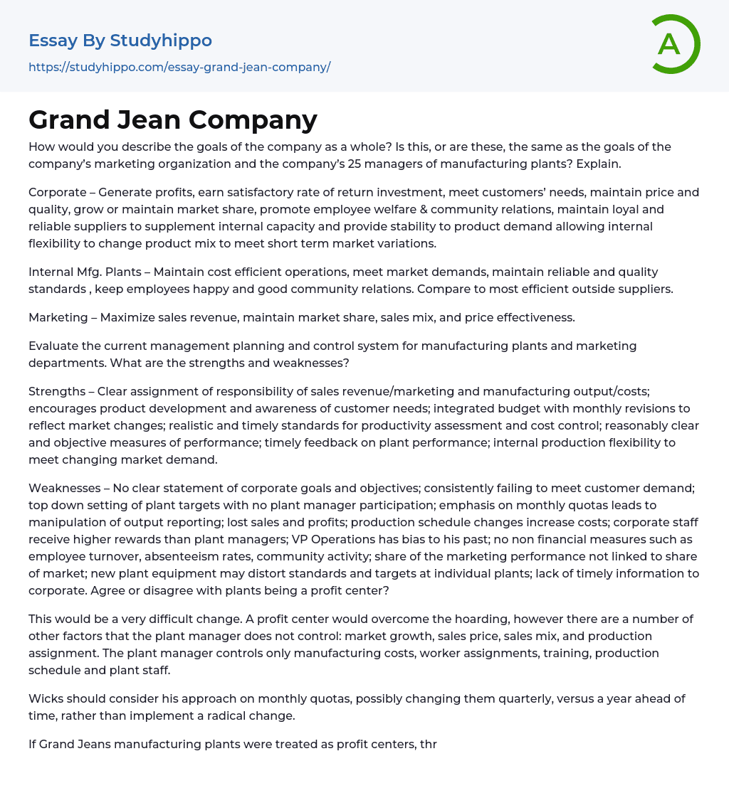 Grand Jean Company Essay Example