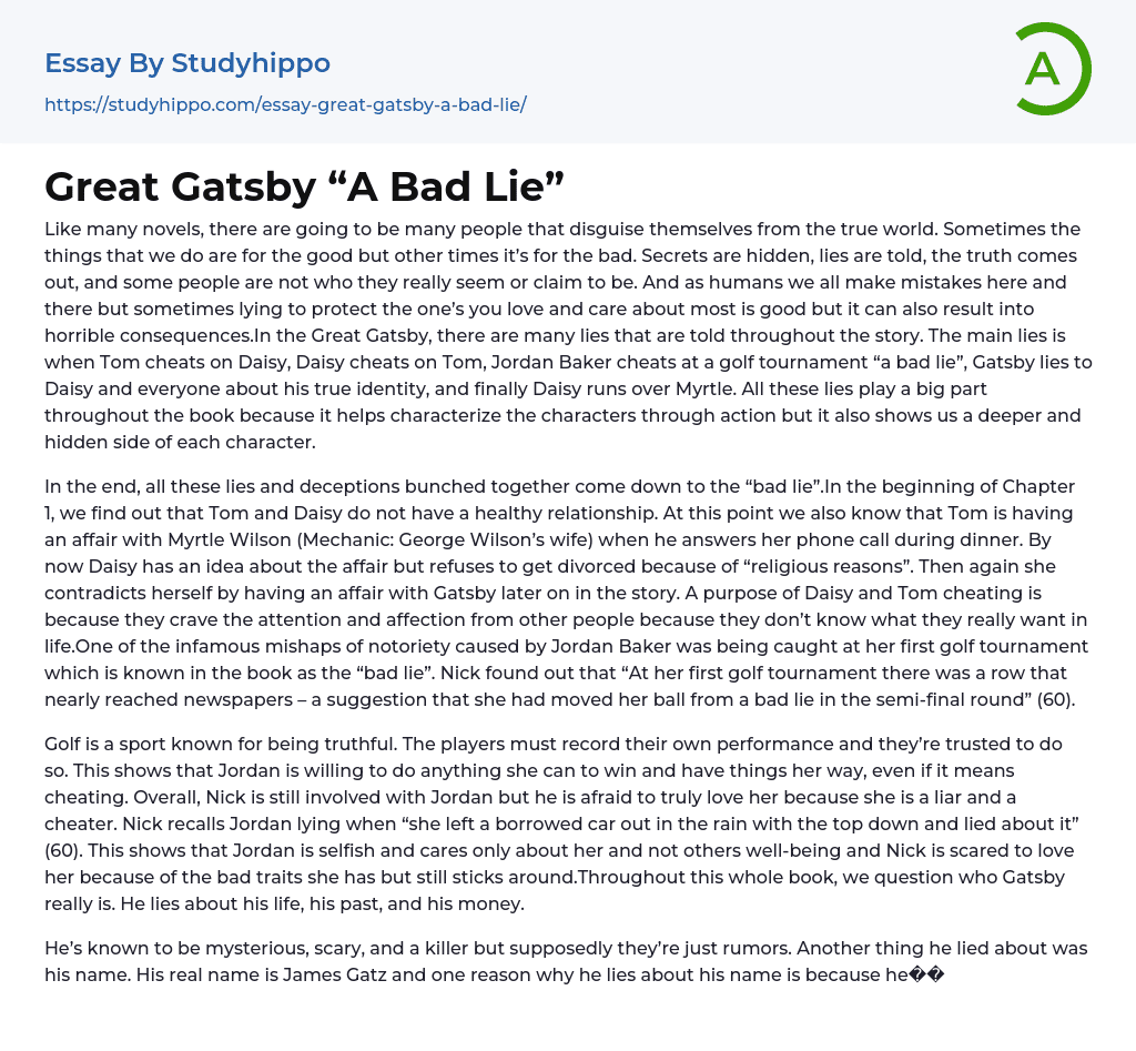 Great Gatsby “A Bad Lie” Essay Example