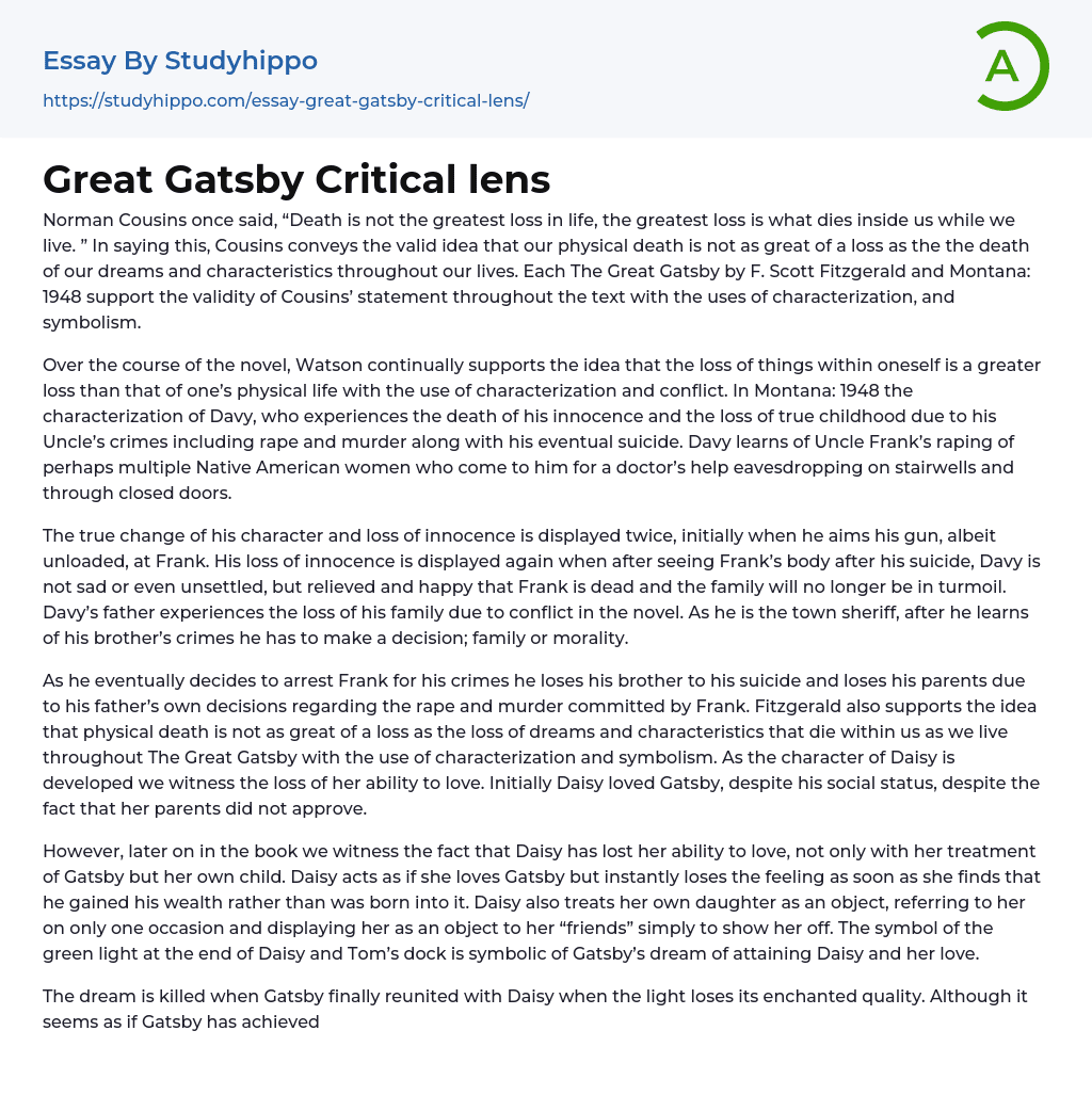 Great Gatsby Critical lens Essay Example