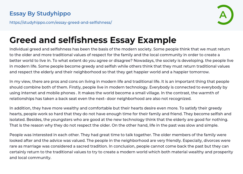 Greed and selfishness Essay Example