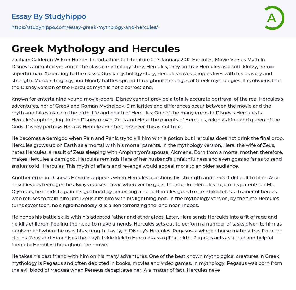 Greek Mythology and Hercules Essay Example