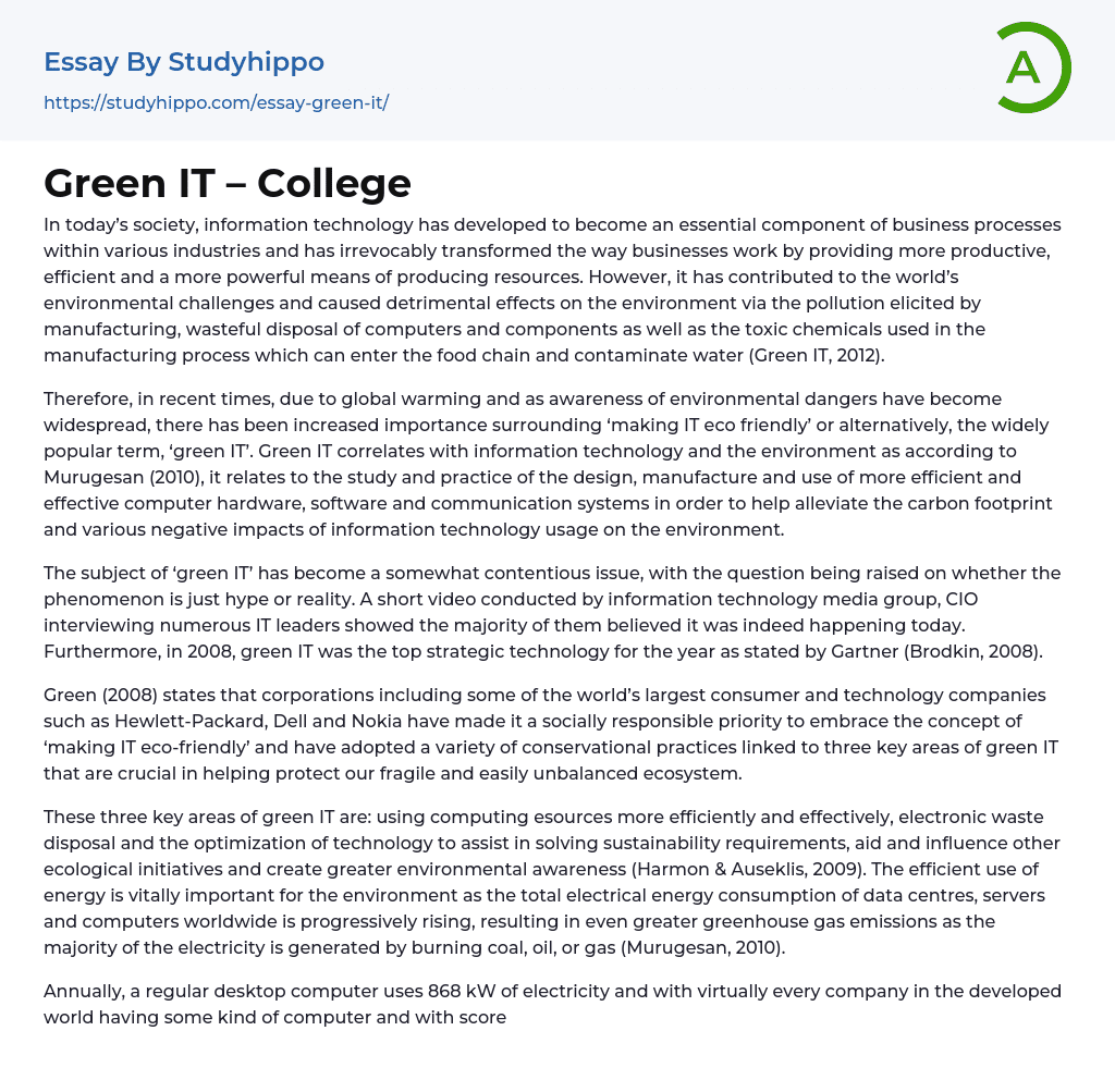 Green IT – College Essay Example