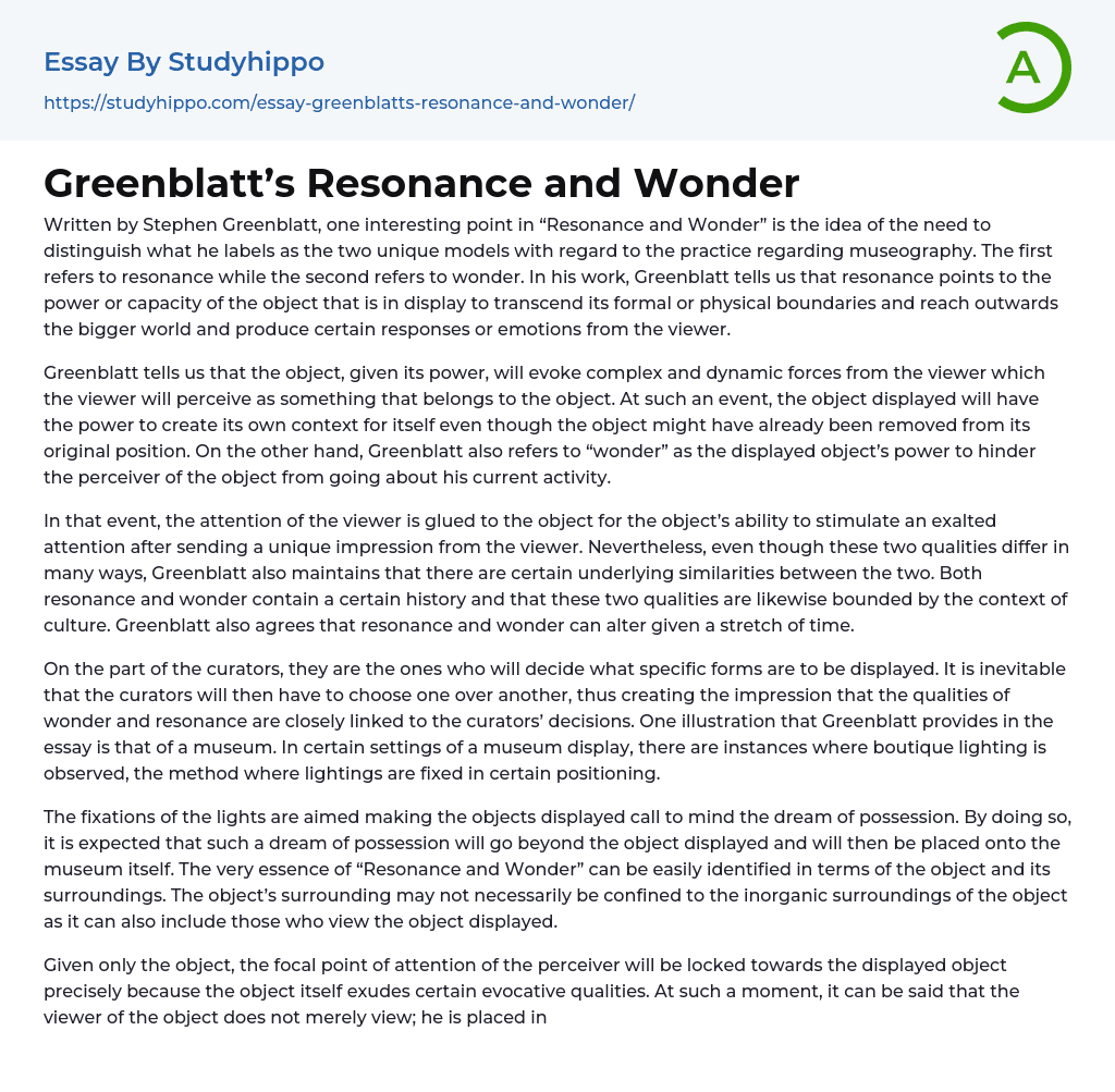 Greenblatt’s Resonance and Wonder Essay Example