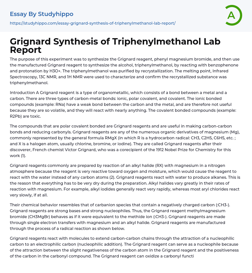 Grignard Synthesis of Triphenylmethanol Lab Report Essay Example