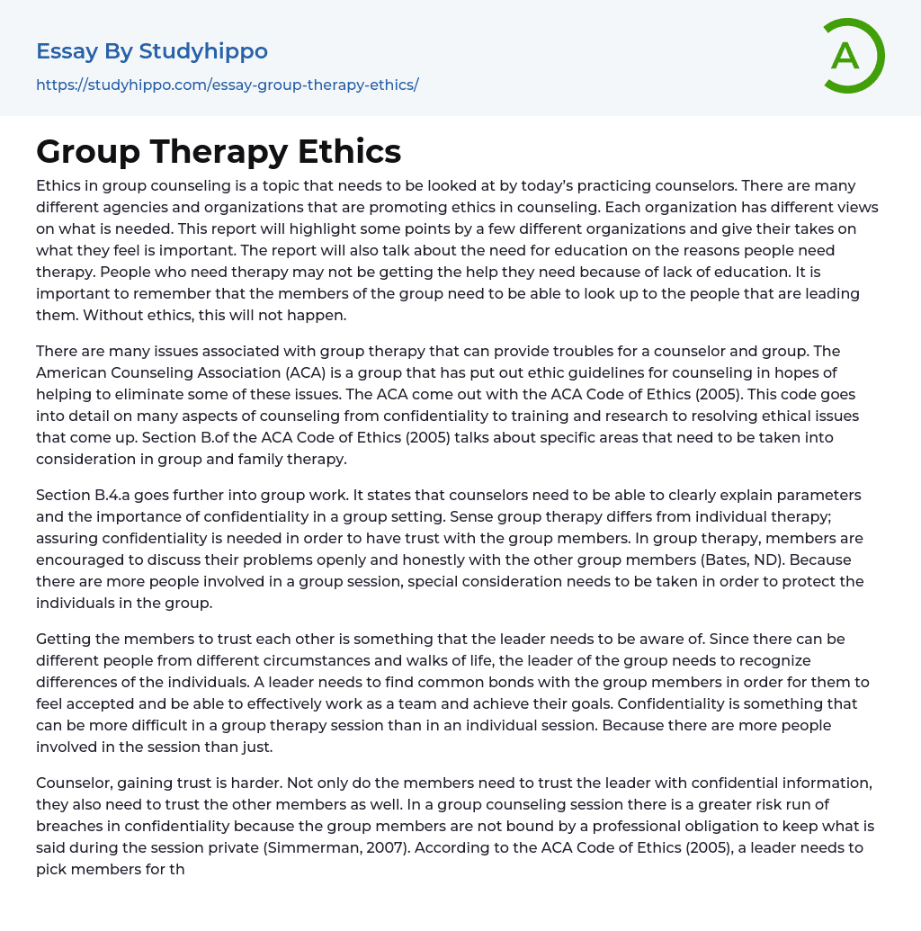 Group Therapy Ethics Essay Example