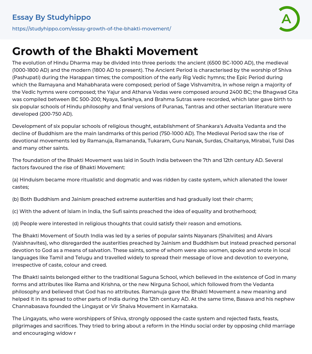 Growth of the Bhakti Movement Essay Example