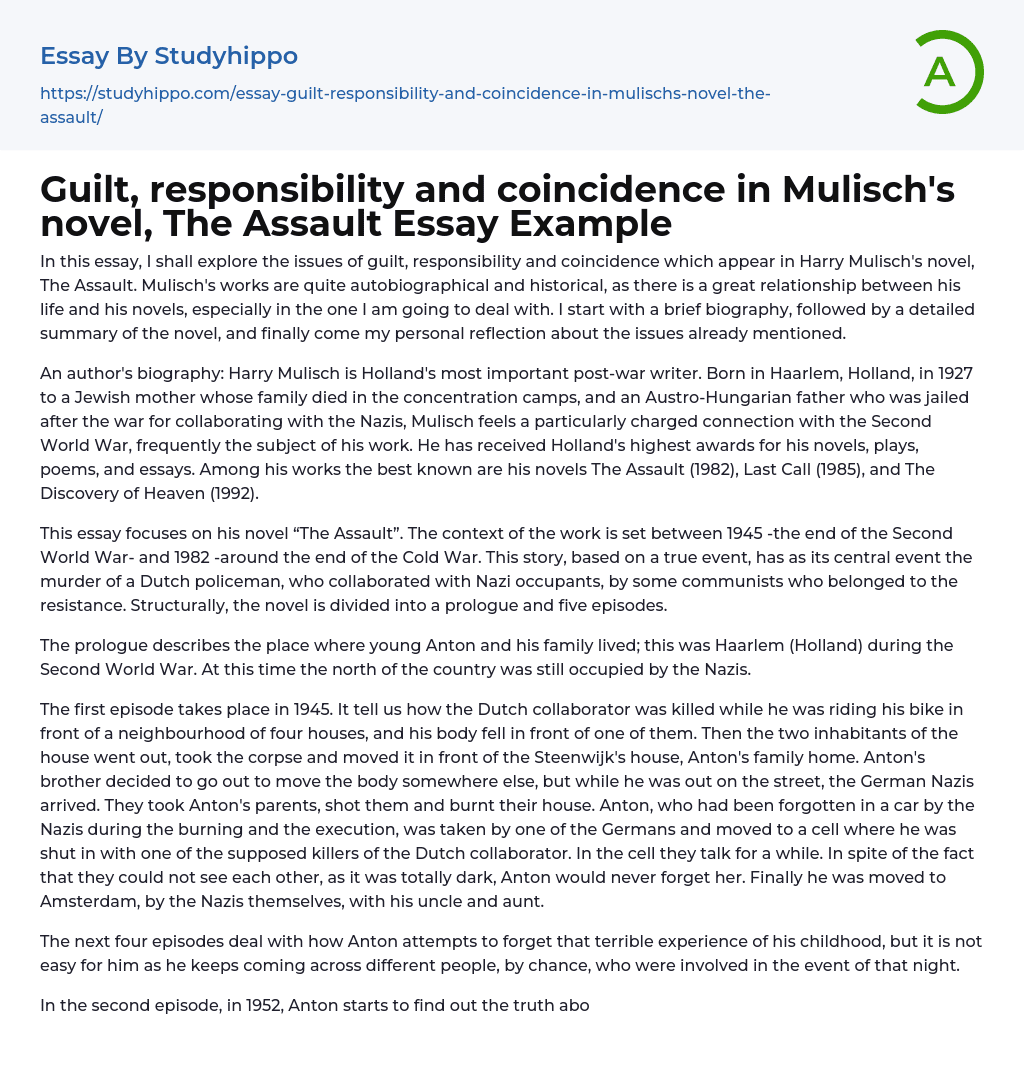 Guilt, responsibility and coincidence in Mulisch’s novel, The Assault Essay Example