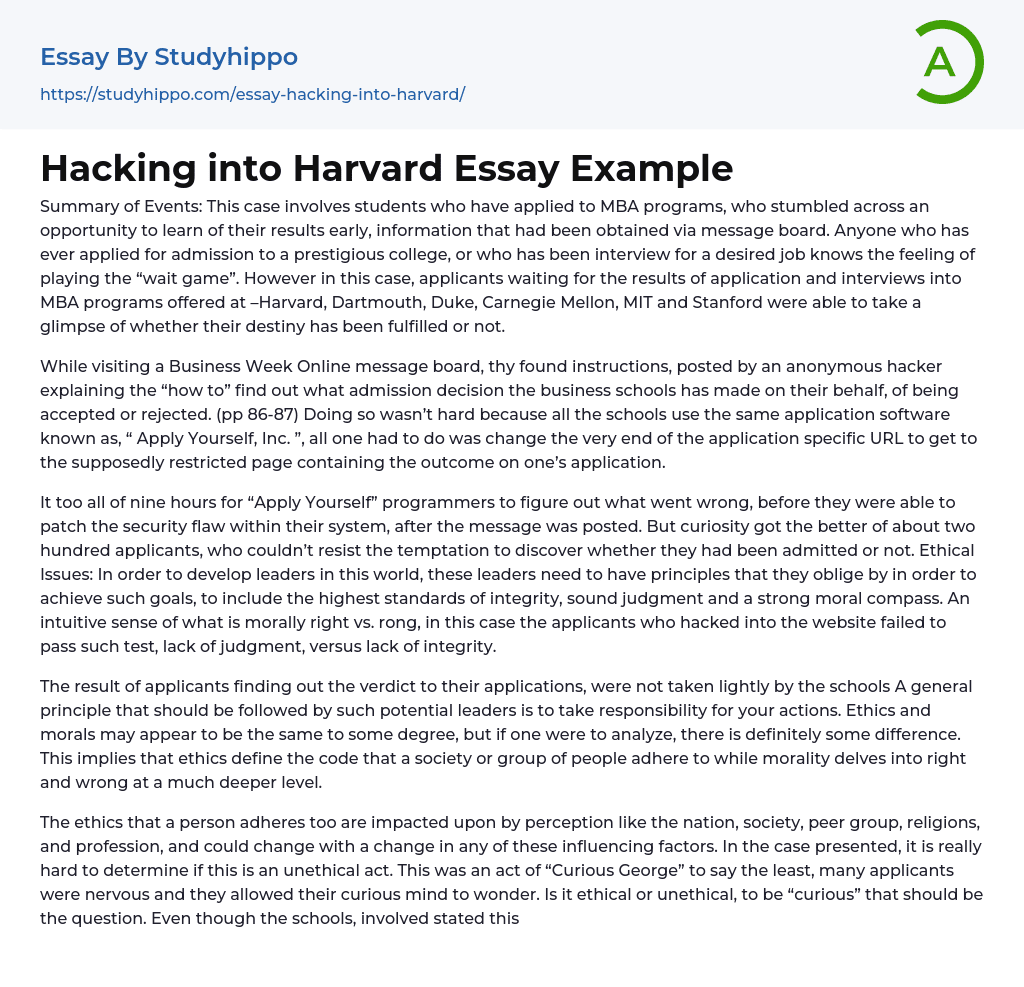 Hacking into Harvard Essay Example