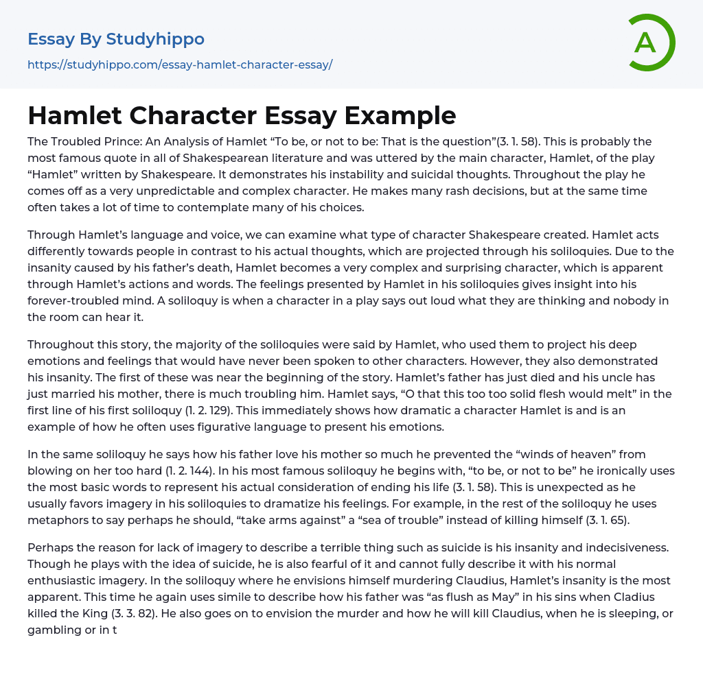 Hamlet Character Essay Example
