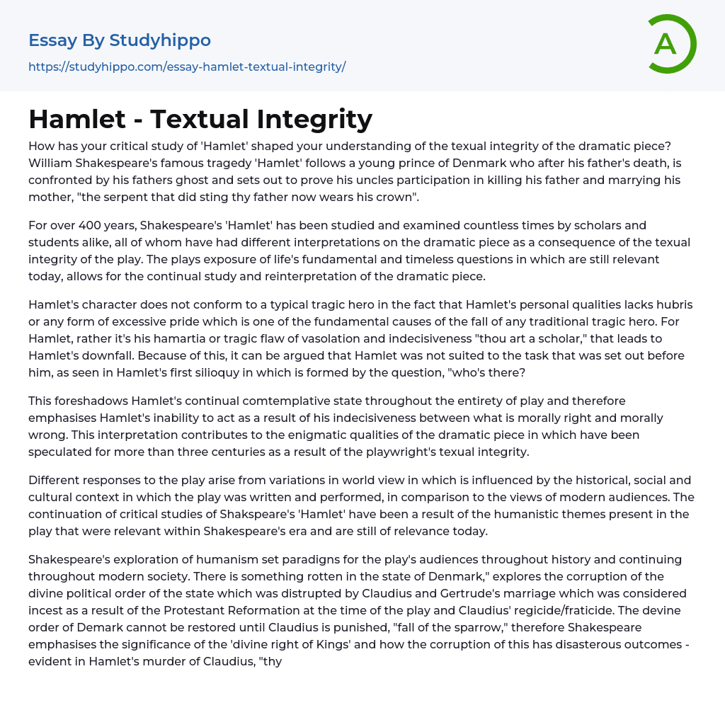 Hamlet – Textual Integrity Essay Example
