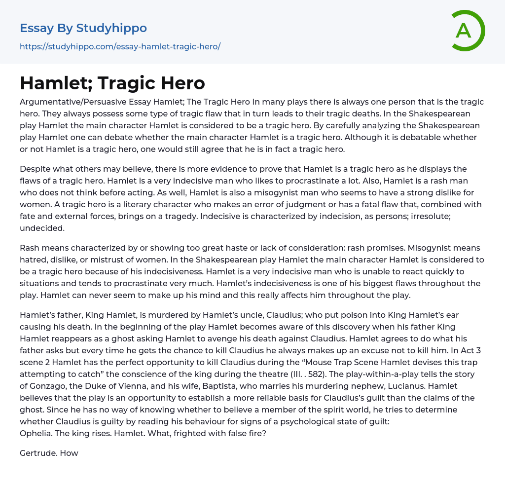 Hamlet; Tragic Hero Essay Example