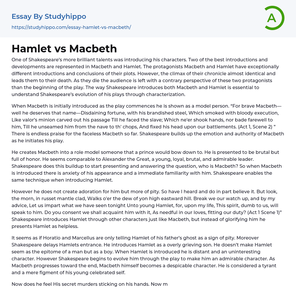 Hamlet vs Macbeth Essay Example