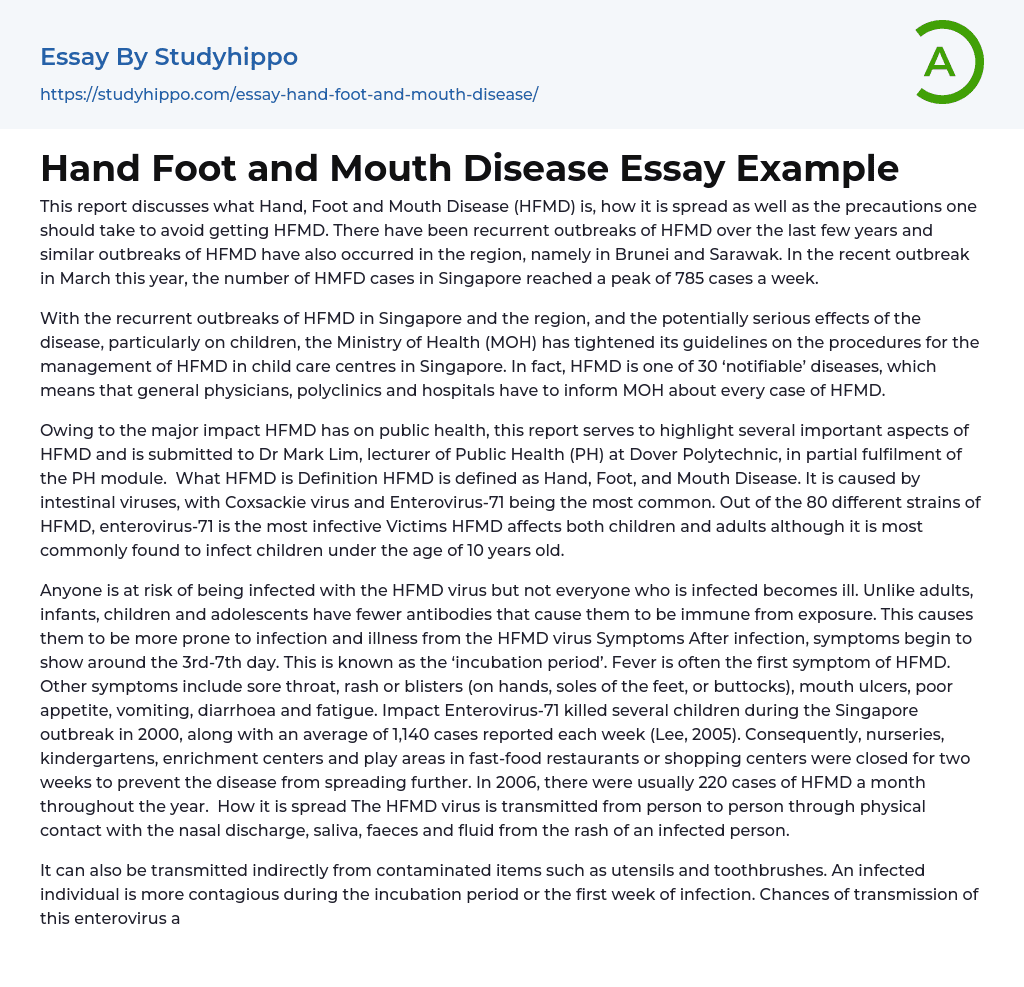 Hand Foot and Mouth Disease Essay Example