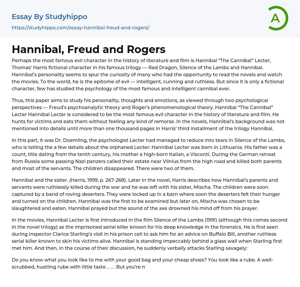 Hannibal, Freud and Rogers Essay Example