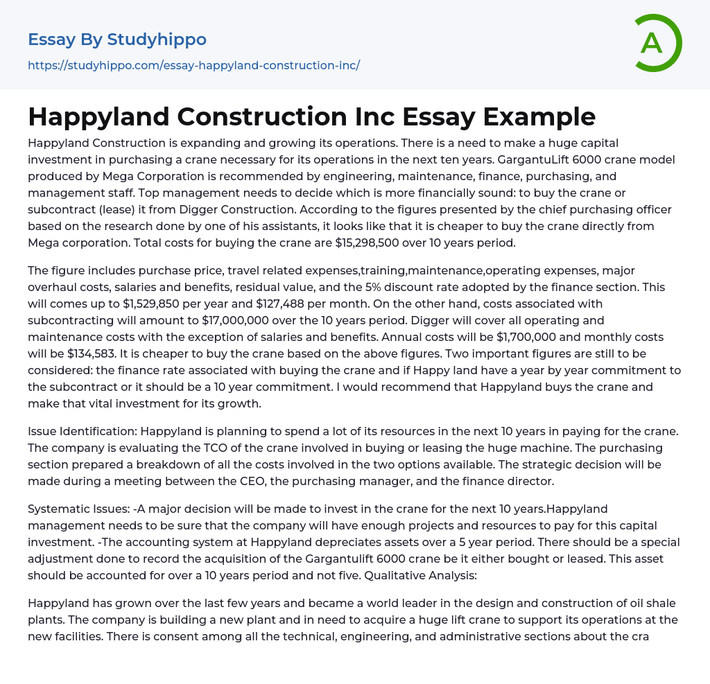 Happyland Construction Inc Essay Example
