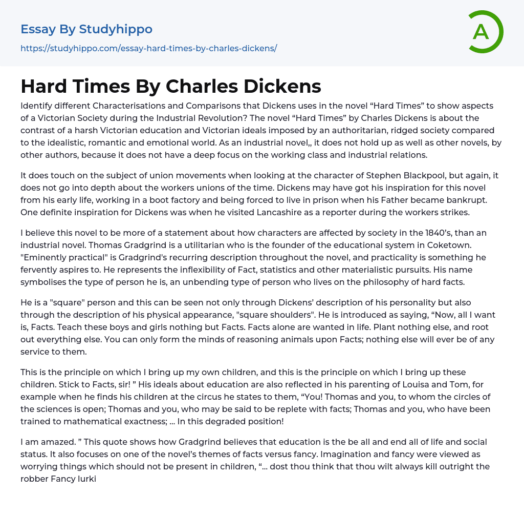 Hard Times By Charles Dickens Essay Example