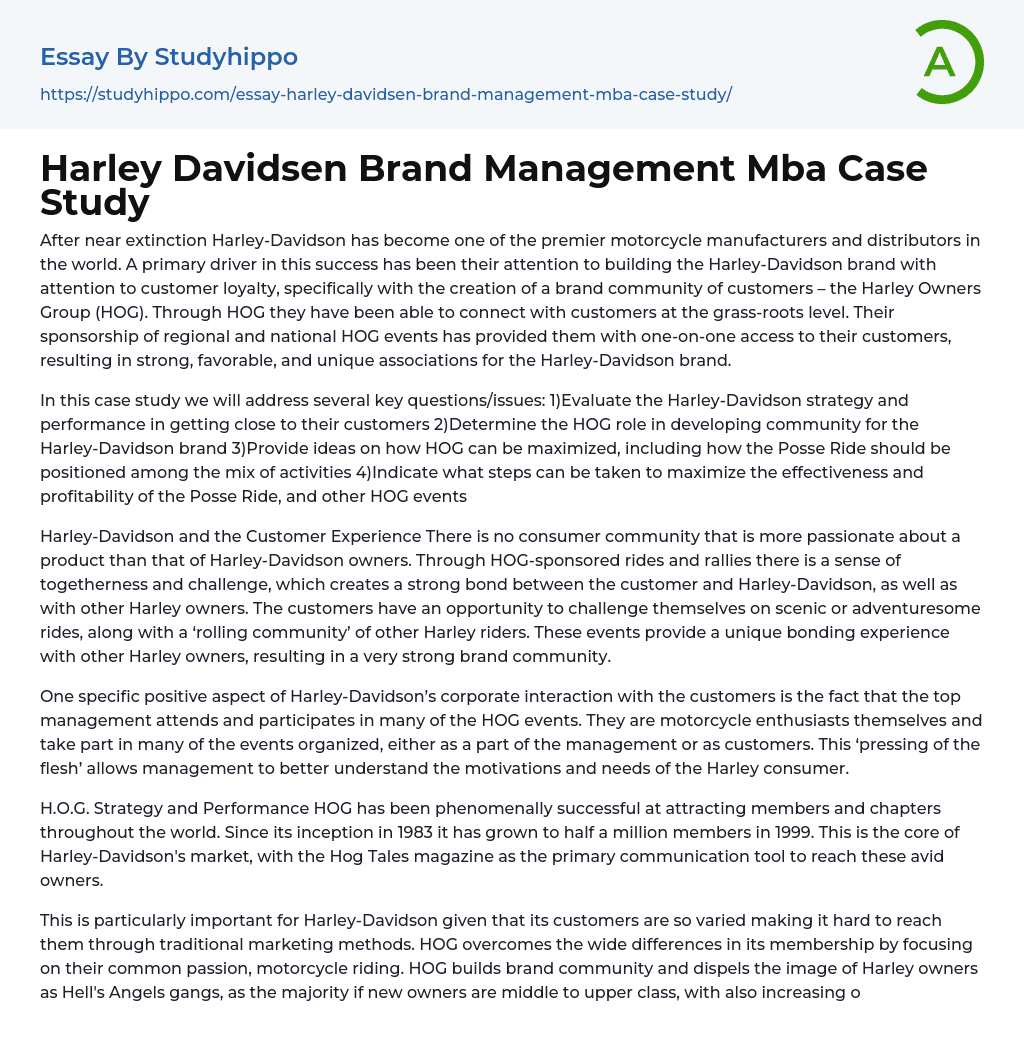 Harley Davidsen Brand Management Mba Case Study Essay Example