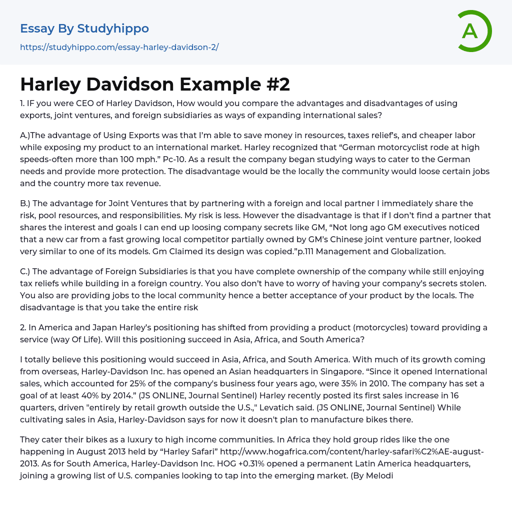 Harley Davidson Example #2 Essay Example