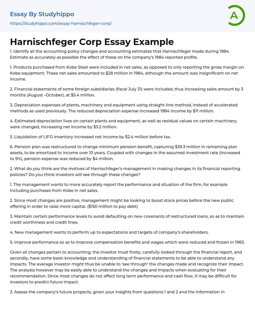 Harnischfeger Corp Essay Example