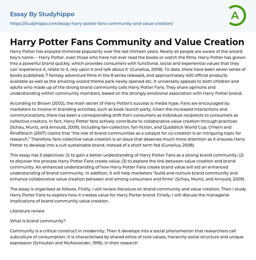 Harry Potter Fans Community and Value Creation Essay Example