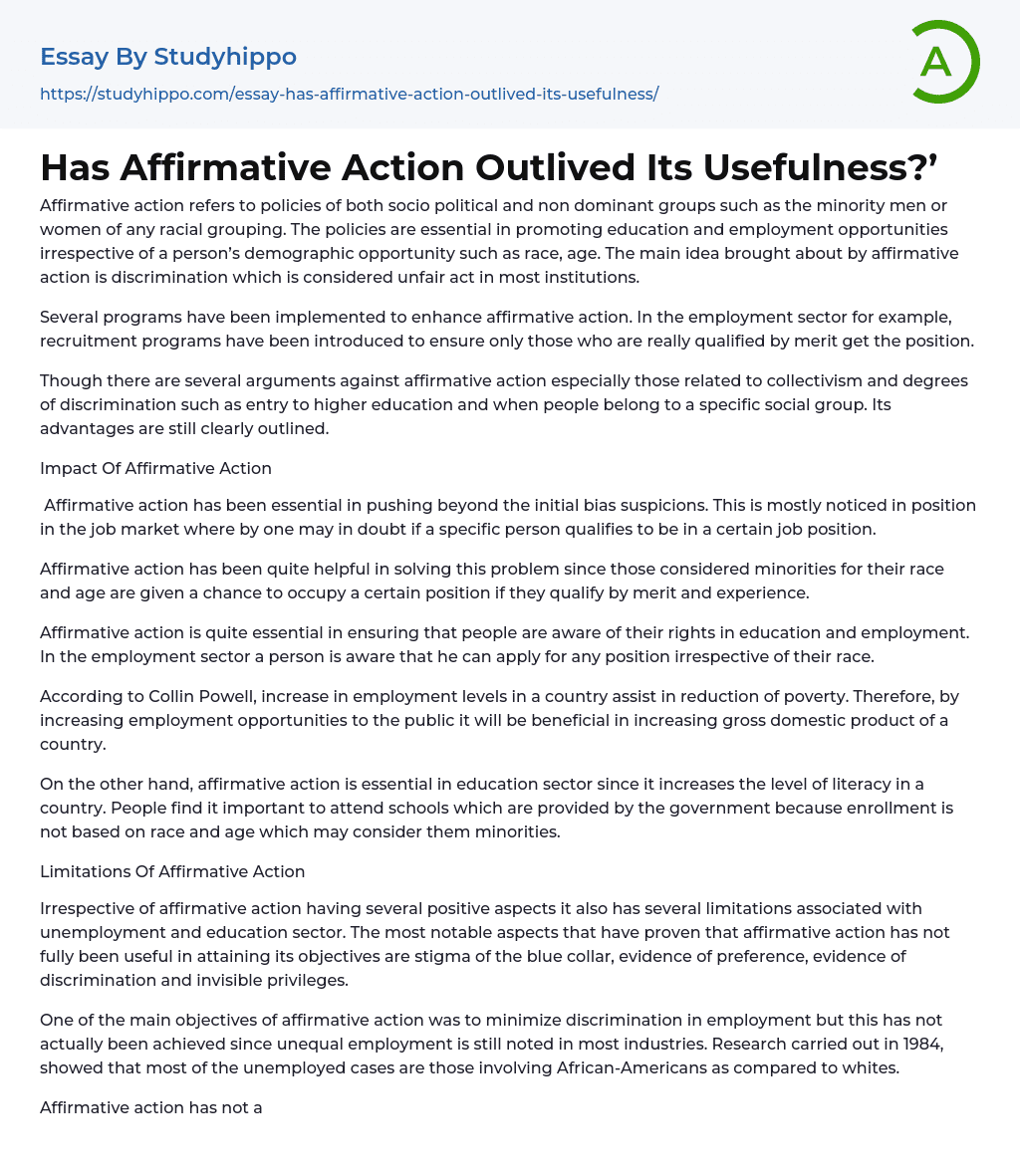 Has Affirmative Action Outlived Its Usefulness?’ Essay Example