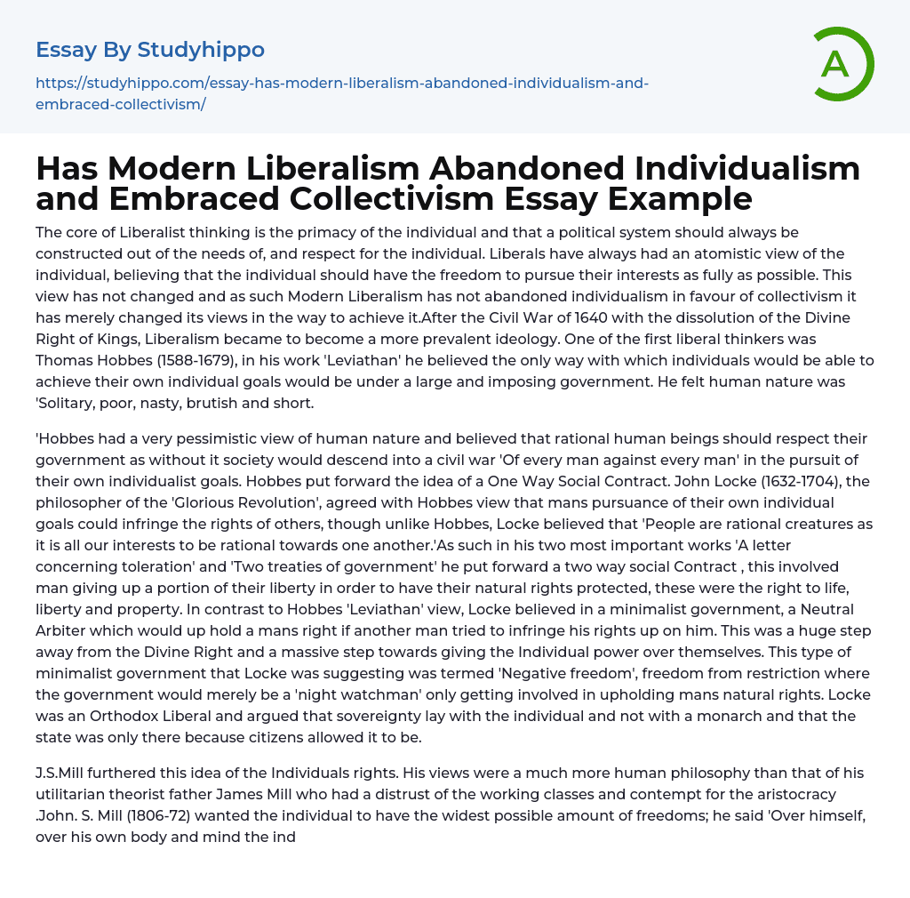 Has Modern Liberalism Abandoned Individualism and Embraced Collectivism Essay Example