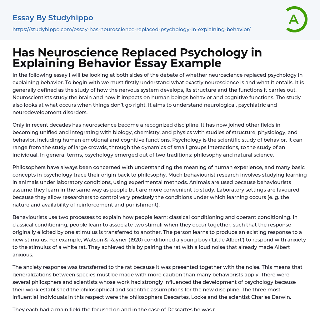 Has Neuroscience Replaced Psychology in Explaining Behavior Essay Example