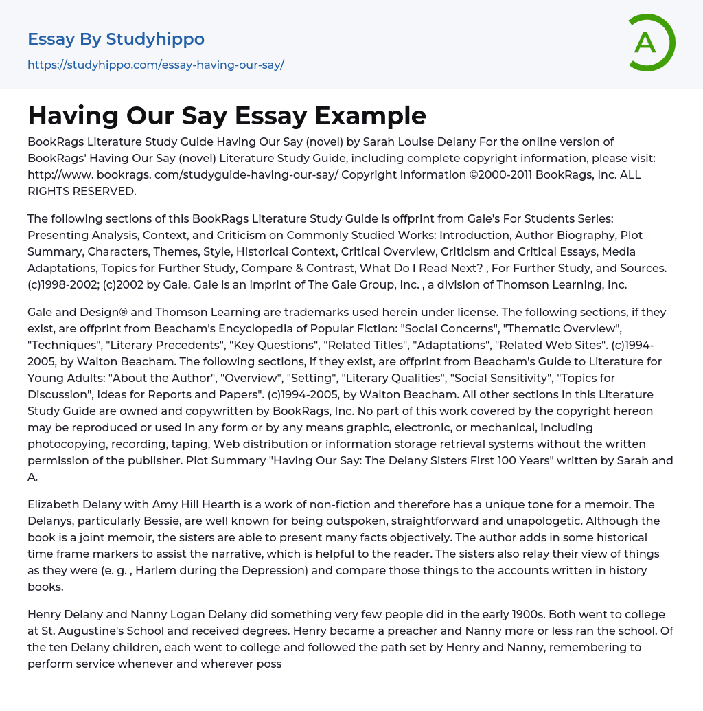 Having Our Say Essay Example