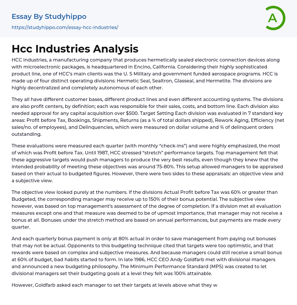 Hcc Industries Analysis Essay Example