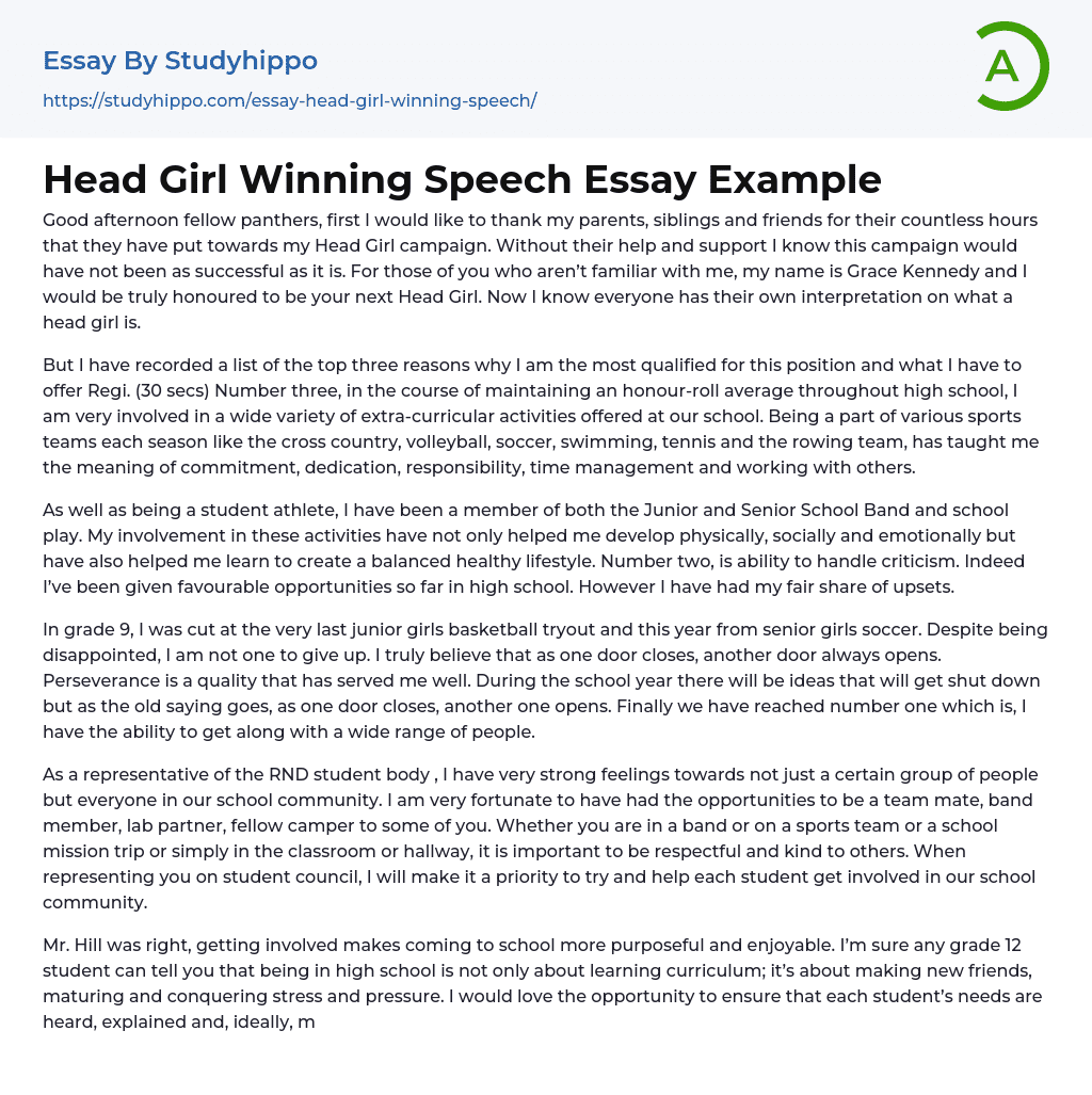 Head Girl Winning Speech Essay Example StudyHippo