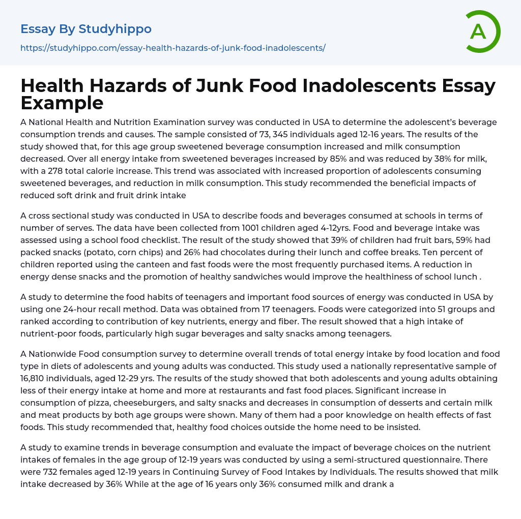 Health Hazards of Junk Food Inadolescents Essay Example
