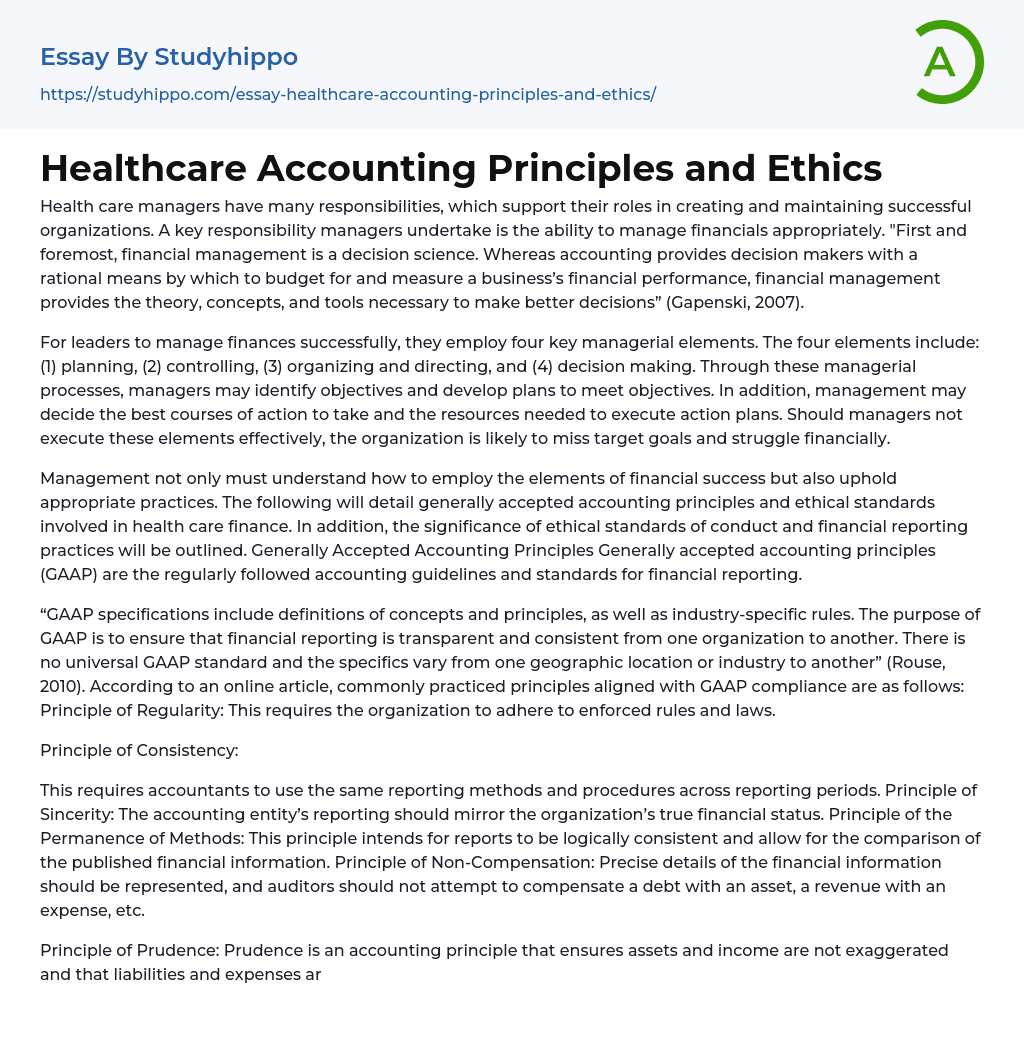Healthcare Accounting Principles and Ethics Essay Example