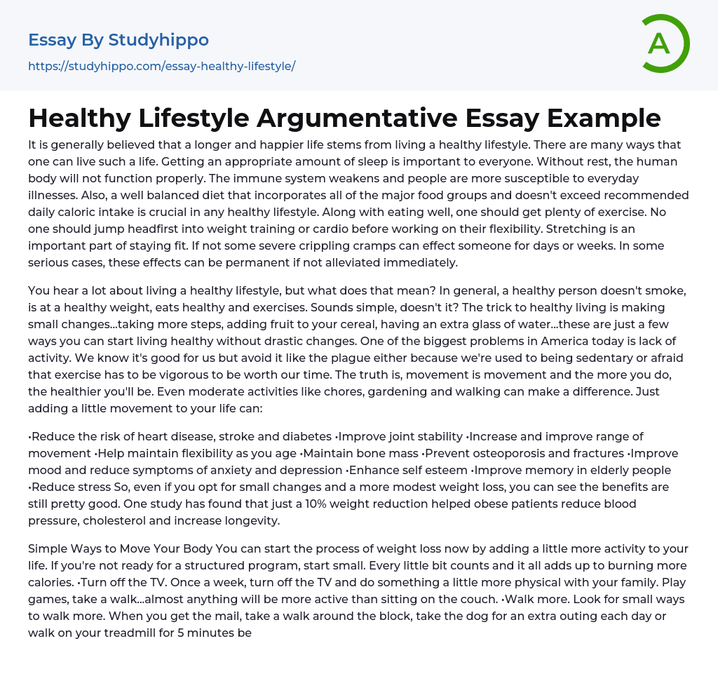 Healthy Lifestyle Argumentative Essay Example