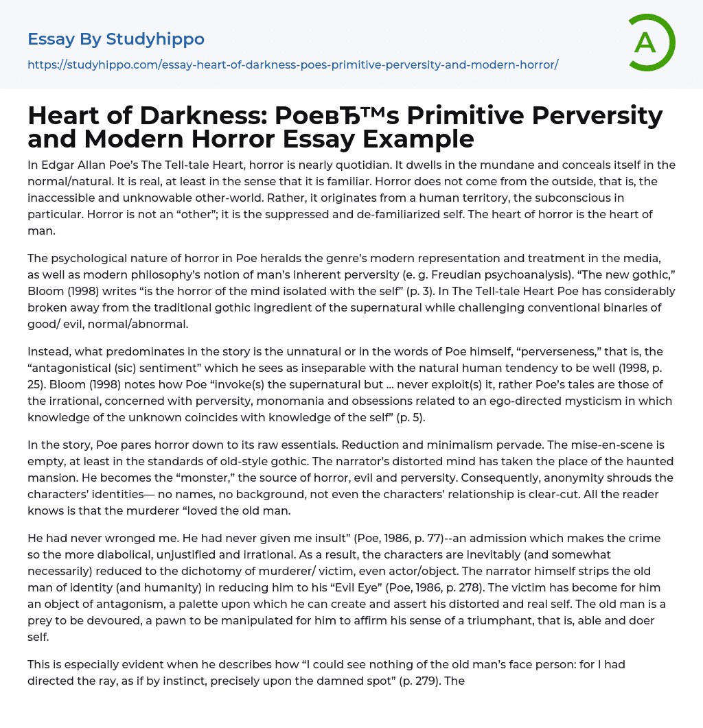 Heart of Darkness: Poe’s Primitive Perversity and Modern Horror Essay Example