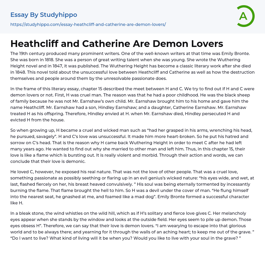 Heathcliff and Catherine Are Demon Lovers Essay Example