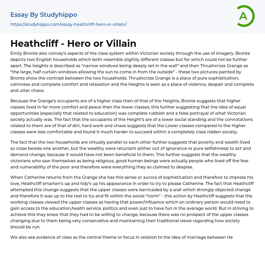 Heathcliff – Hero or Villain Essay Example