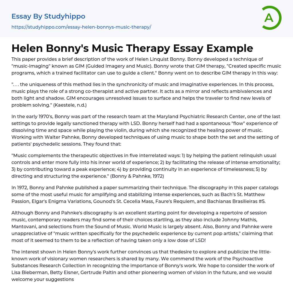 Helen Bonny’s Music Therapy Essay Example