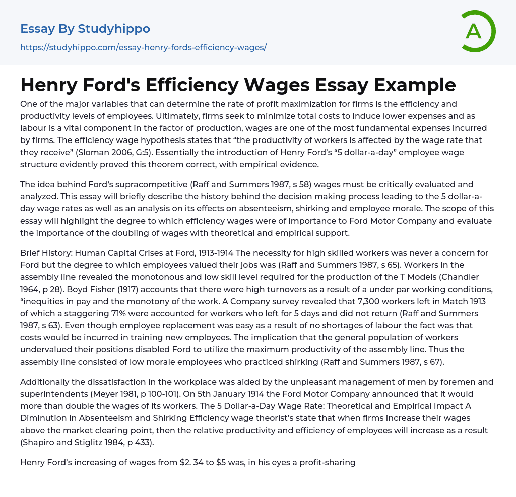 Henry Ford’s Efficiency Wages Essay Example