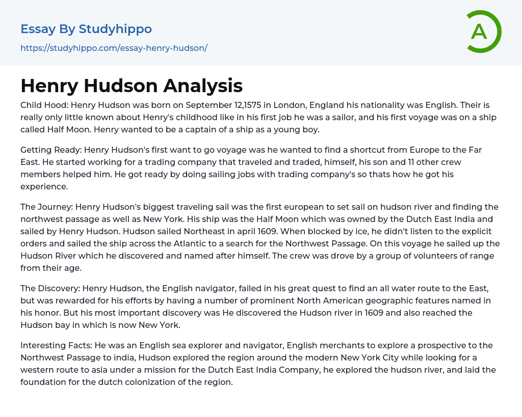 Henry Hudson Analysis Essay Example